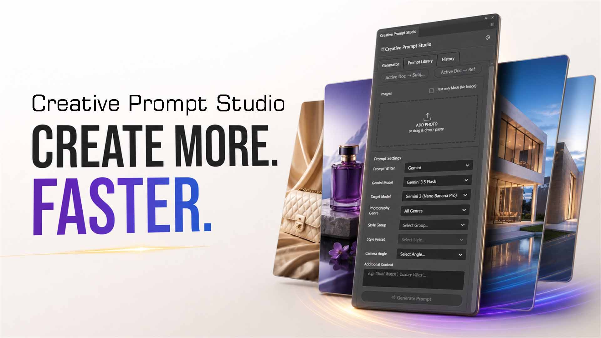 Creative Prompt Studio shown with varied product, fashion, and architecture campaign results